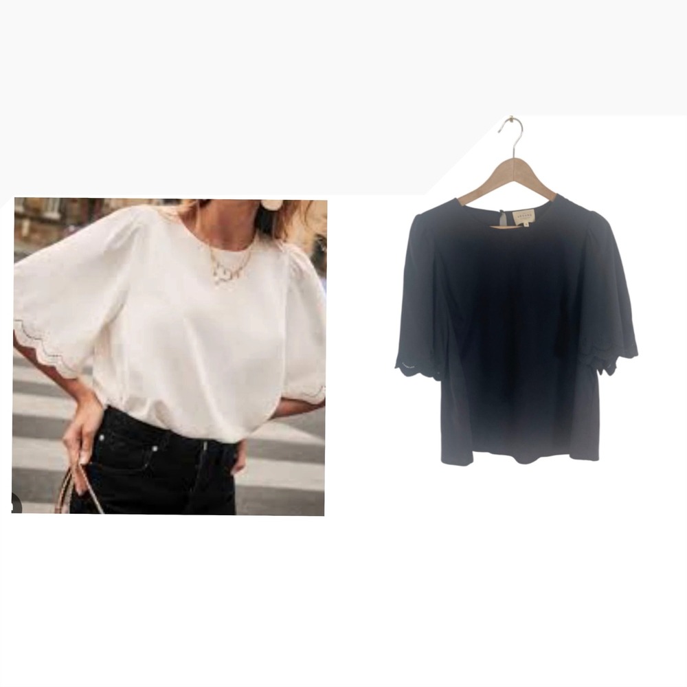 Sezane Navy Silk Scalloped Eyelet Sleeve Blouse Top Size 40